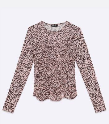Image of Pink Leopard Print Ruched Mesh Top New Look