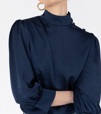 Zibi London Navy High Neck Satin Blouse New Look