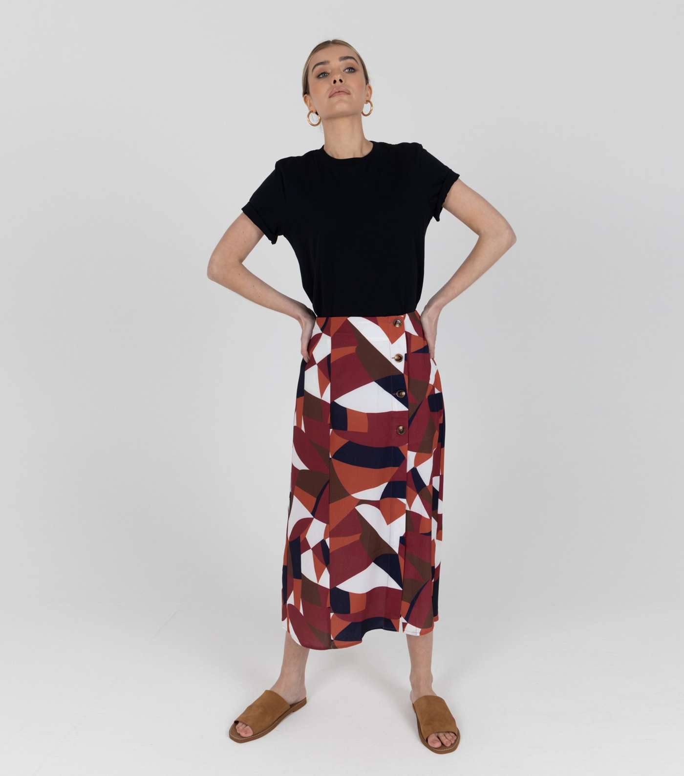 Zibi London Red Geometric Split Midi Skirt