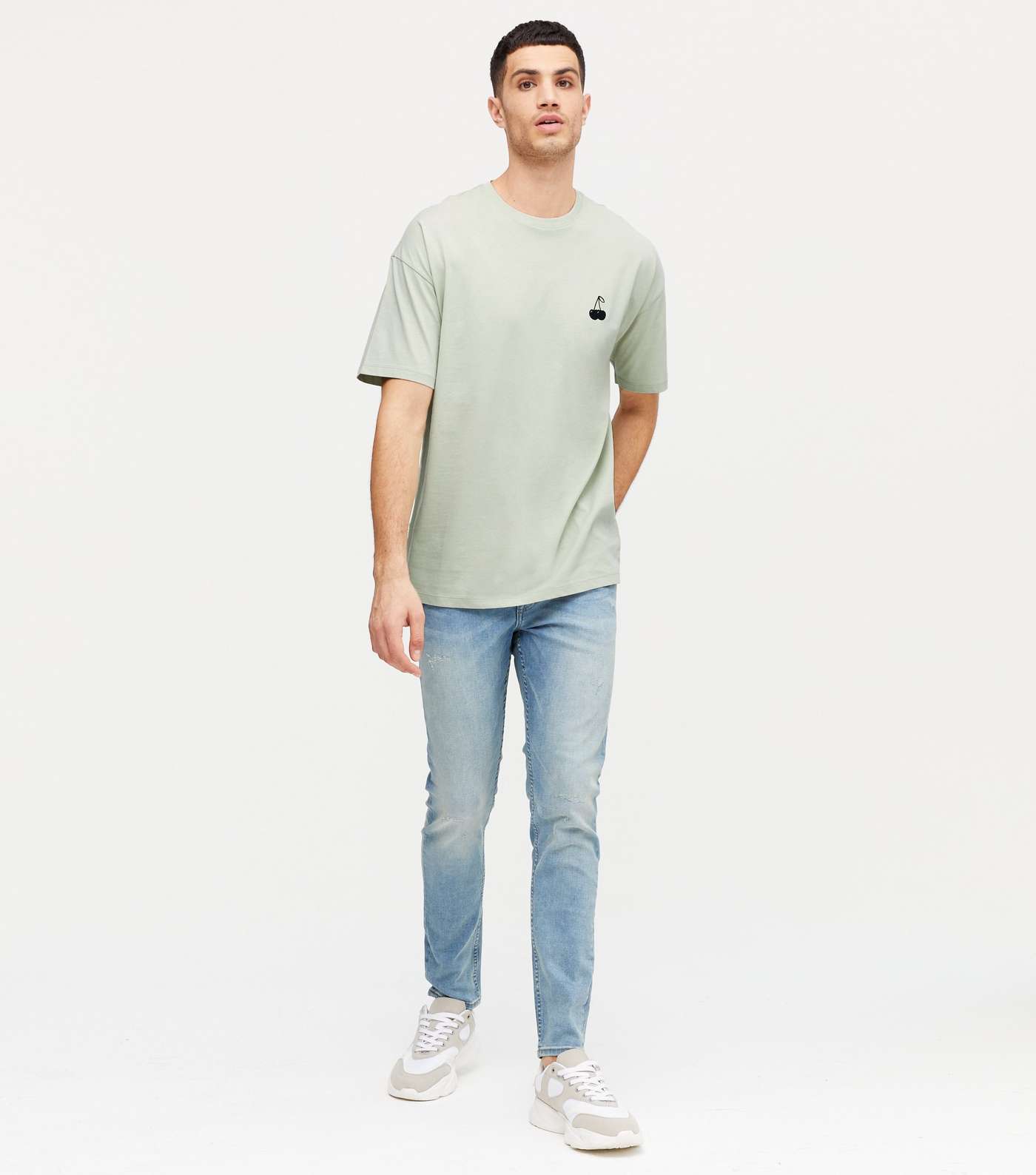 Light Green Cherry Embroidered Oversized T-Shirt Image 2