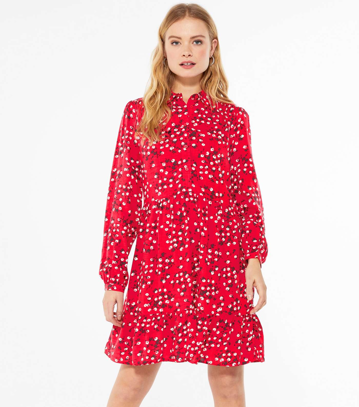 Red Ditsy Floral Shirt Smock Dress 