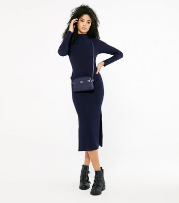 navy high neck midi dress