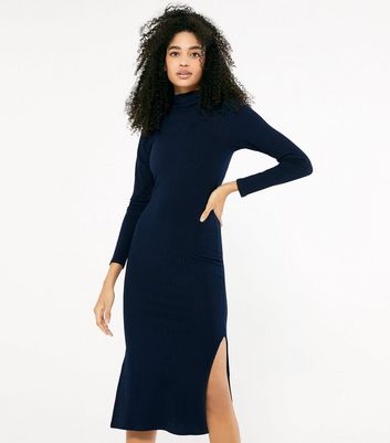 navy high neck midi dress