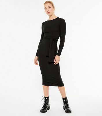Black Ribbed Tie Waist Midi Dress | New 