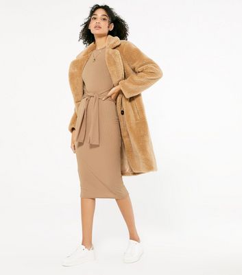 Camel Ribbed Tie Waist Midi Dress | New 