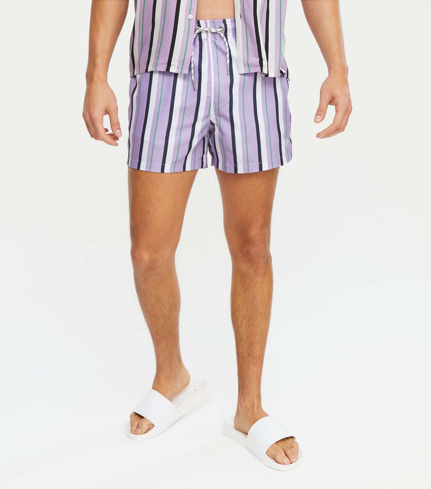 Light Purple Stripe Drawstring Swim Shorts Image 2