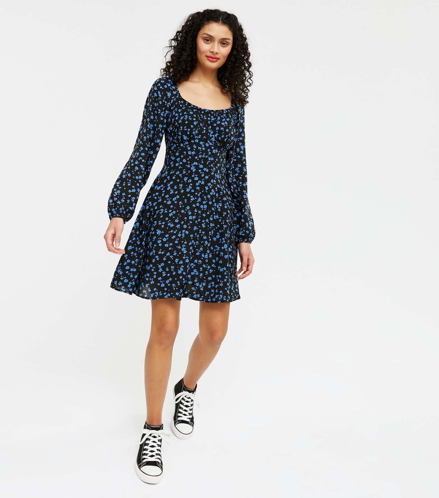 Blue Ditsy Floral Ruched Button Mini Dress Image 2