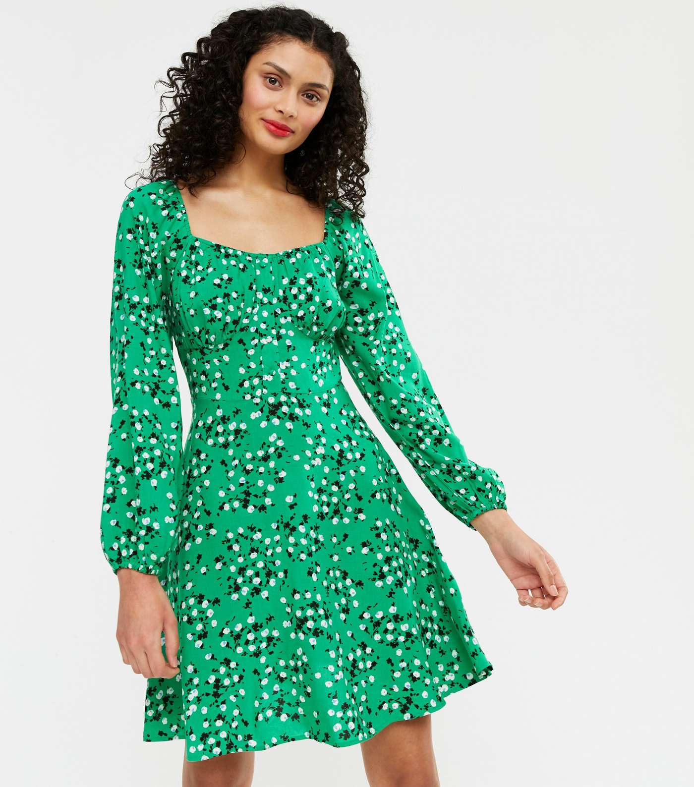 Green Ditsy Floral Ruched Button Mini Dress Image 2