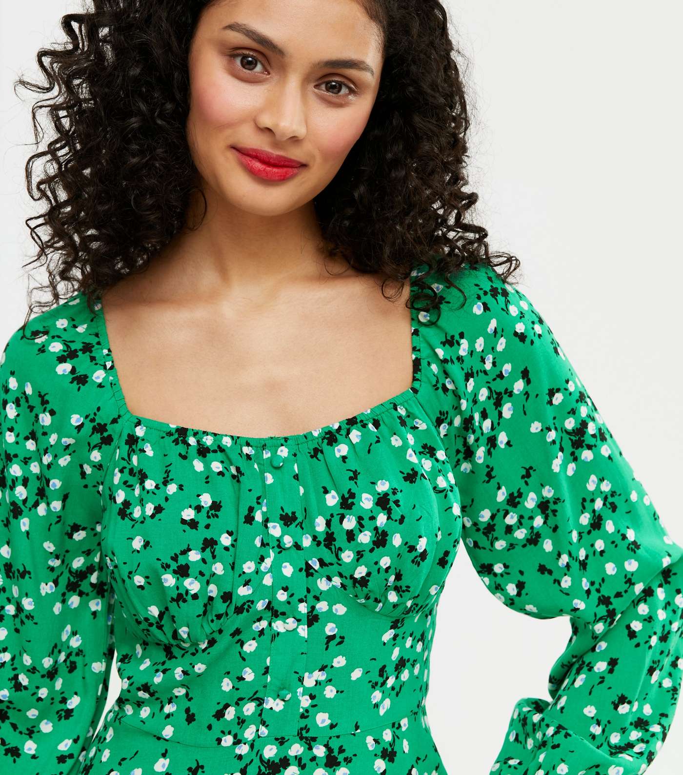 Green Ditsy Floral Ruched Button Mini Dress Image 4