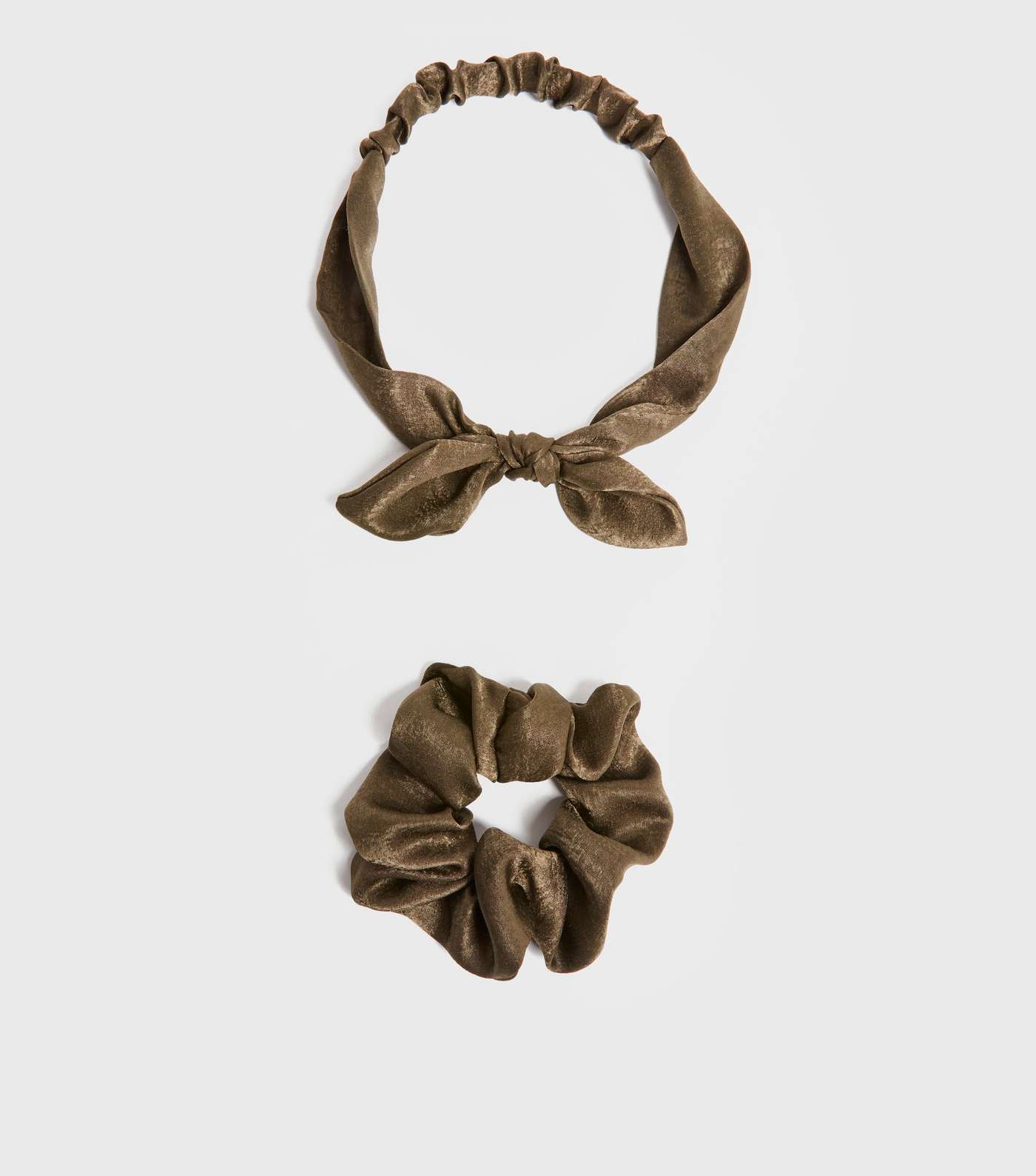 2 Pack Khaki Satin Bow Headband and Scrunchie