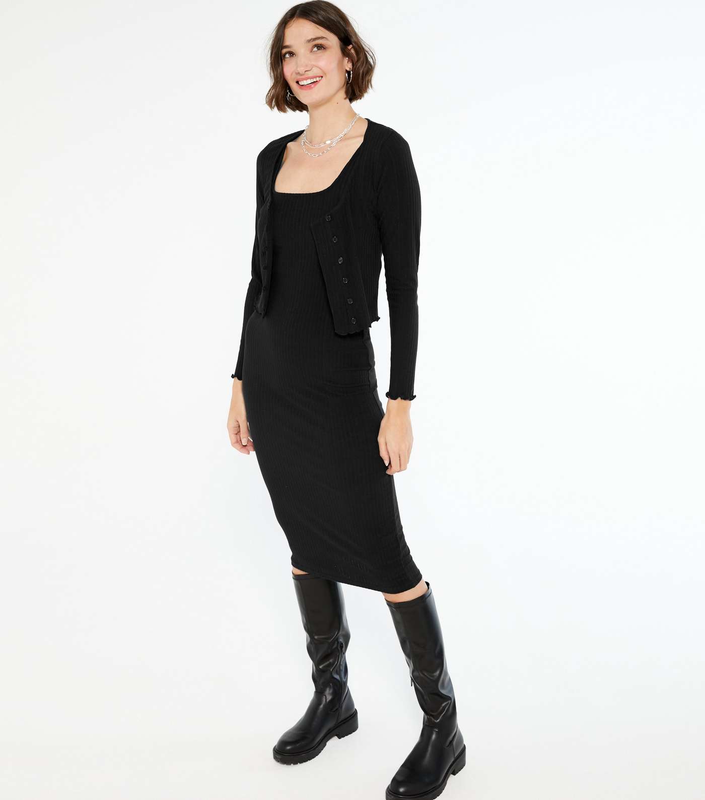 Black Ribbed Cardigan And Midi Dress Set Image 2