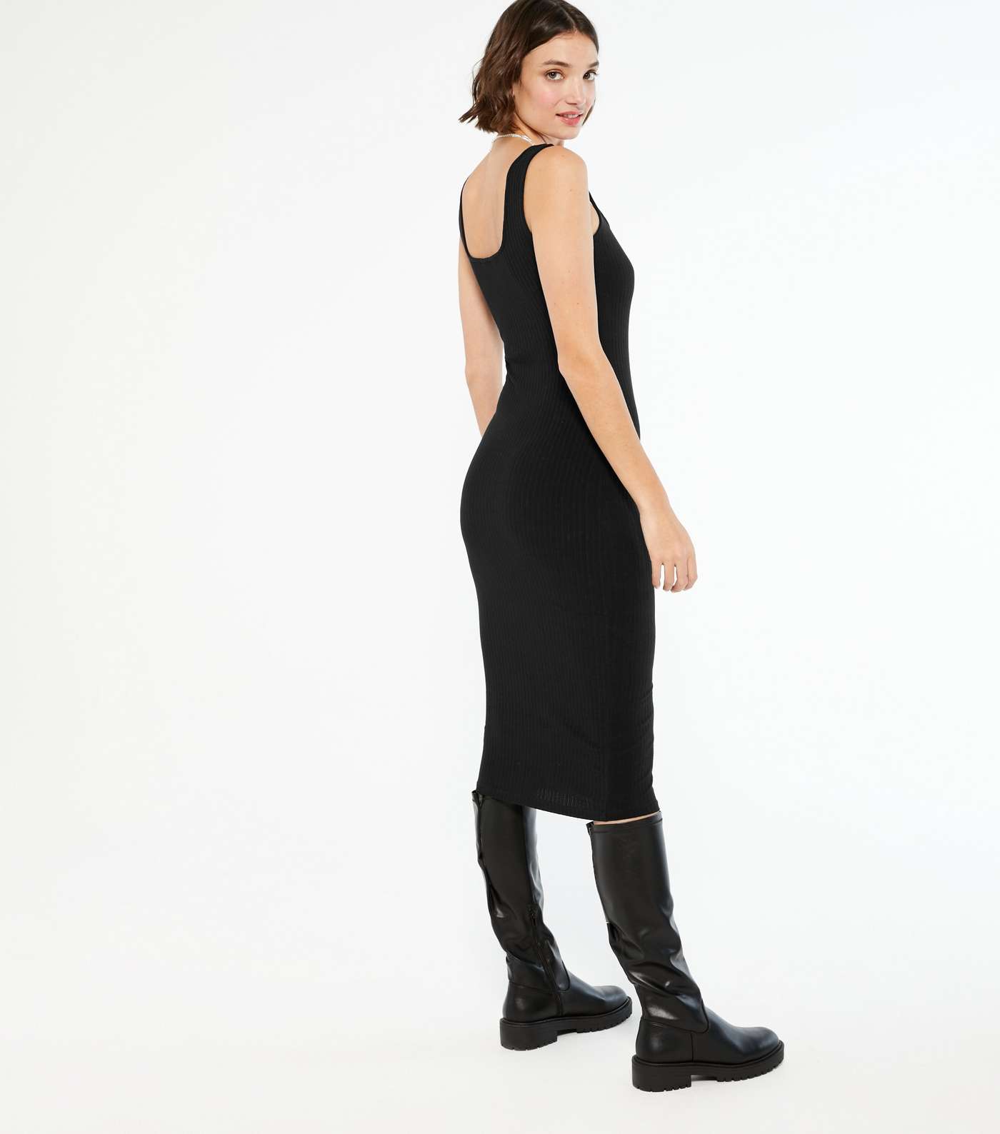 Black Ribbed Cardigan And Midi Dress Set Image 6