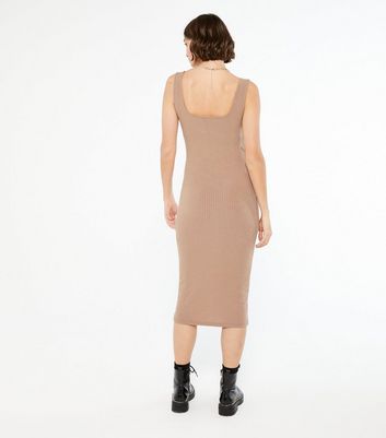 camel ribbed knit midi dress and cardigan set