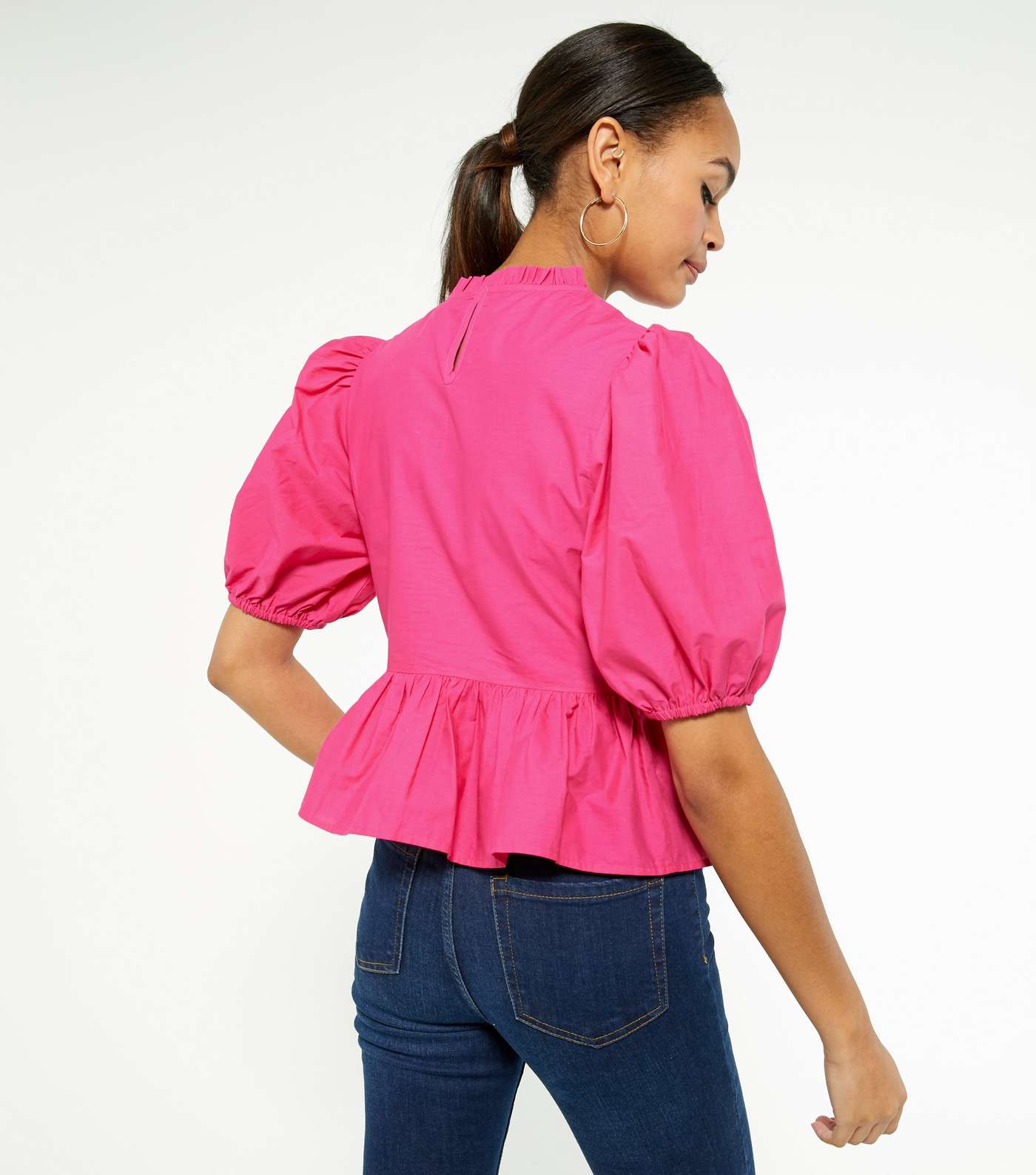 Bright Pink Shirred Puff Sleeve Peplum Top Image 3