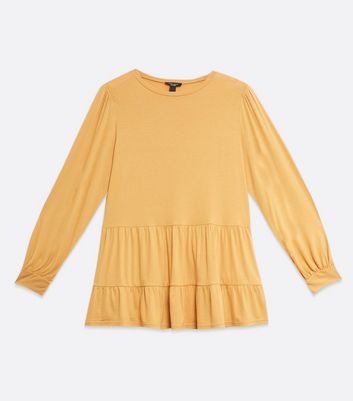Image of Curves Mustard Long Sleeve Tiered Peplum Top New Look