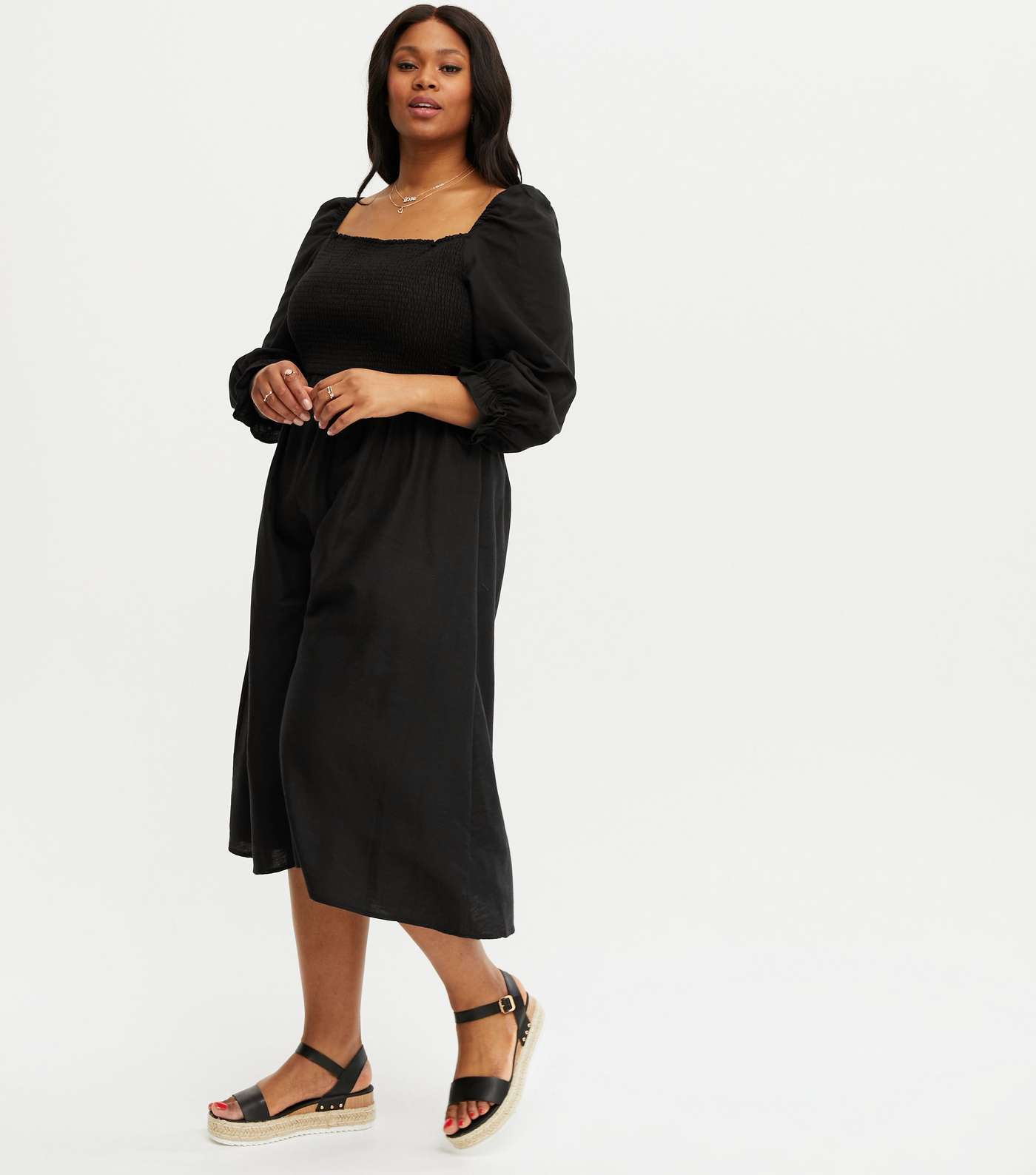 Curves Black Shirred Puff Sleeve Midi Dress Image 2