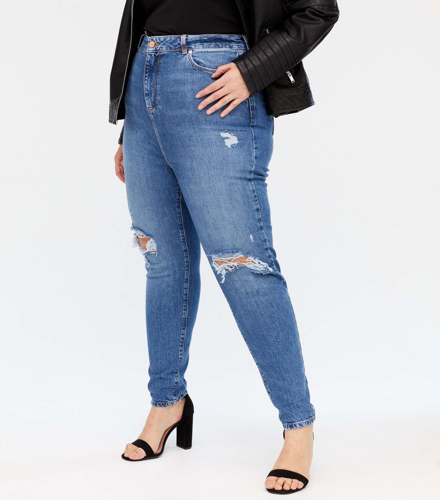 Curves Blue Ripped Knee Tori Mom Jeans Image 2