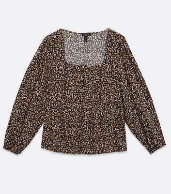 Image of Curves Black Floral Square Neck Peplum Top New Look