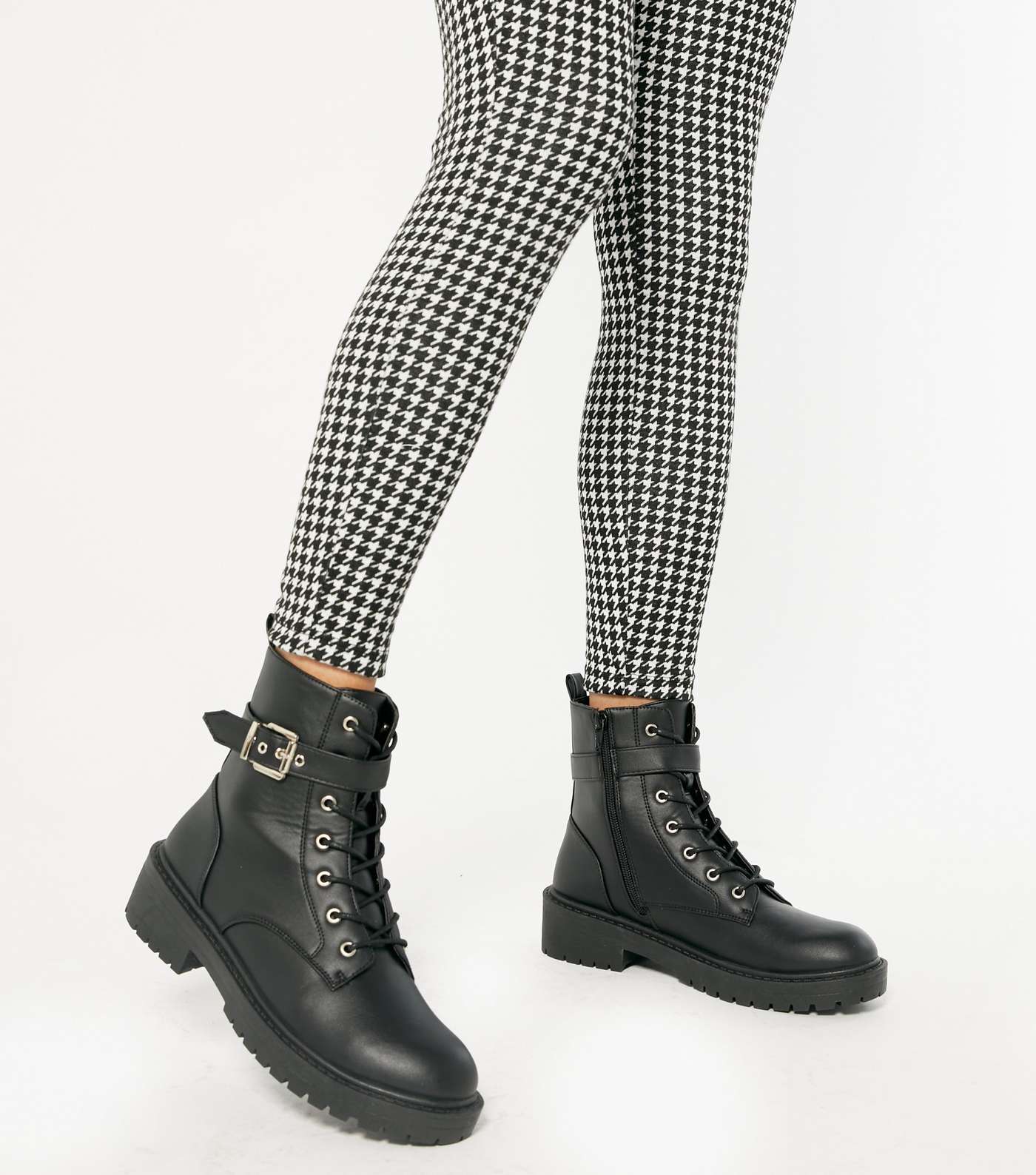 Black Buckle Lace Up Chunky Boots