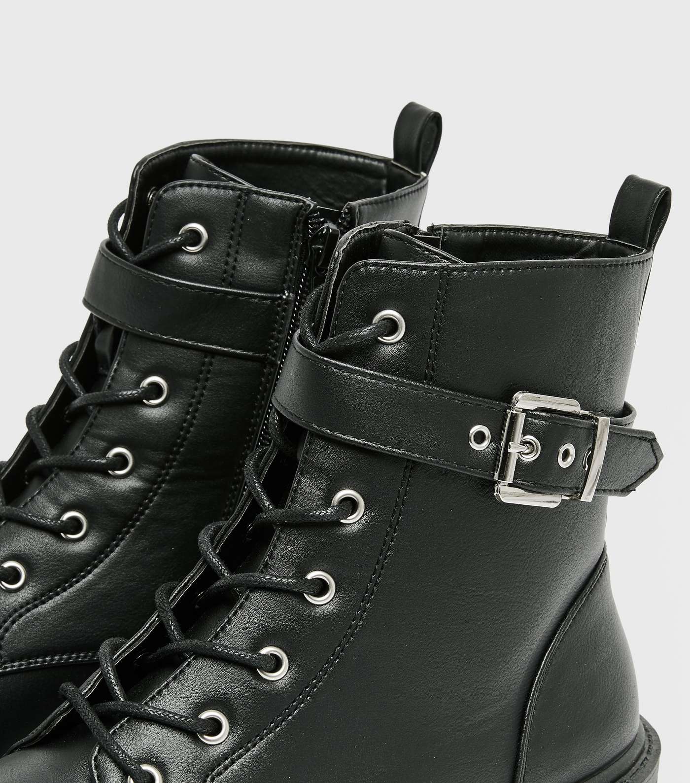 Black Buckle Lace Up Chunky Boots Image 3