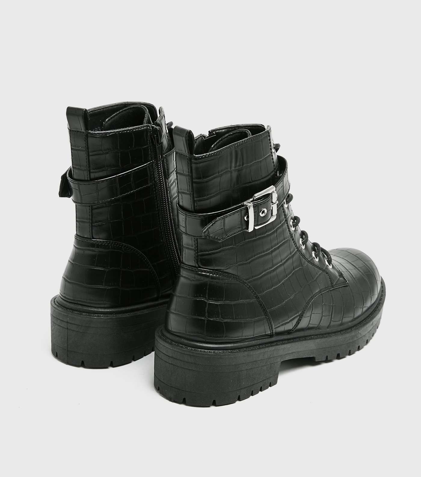 Black Faux Croc Buckle Strap Chunky Boots Image 4