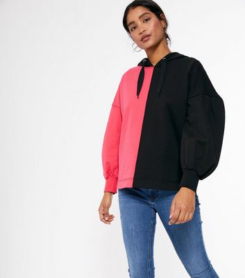Black Colour Block Puff Sleeve Hoodie 