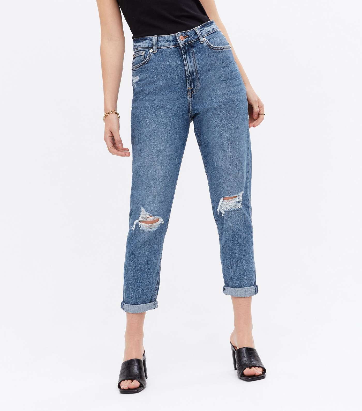 Blue Mid Wash Ripped Knee Crop High Waist Tori Mom Jeans Image 2