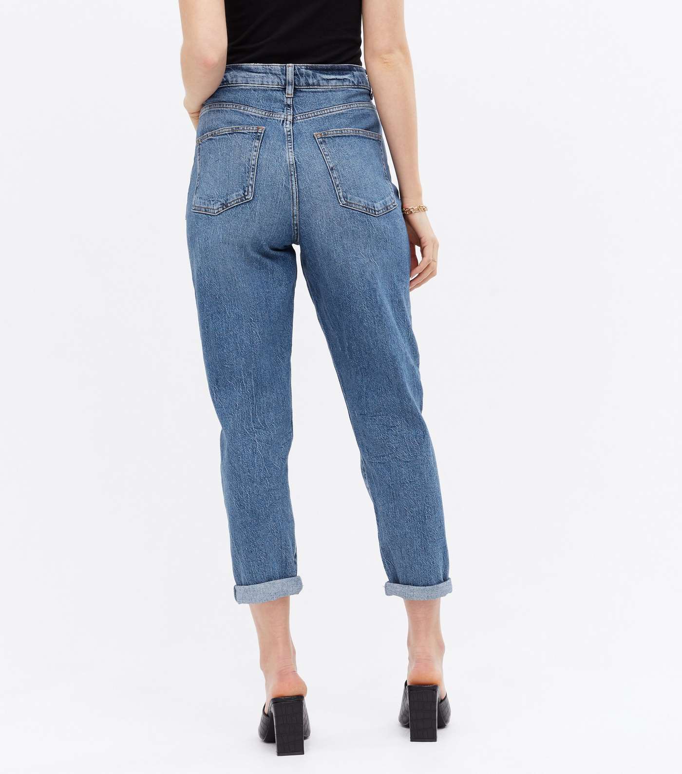 Blue Mid Wash Ripped Knee Crop High Waist Tori Mom Jeans Image 4