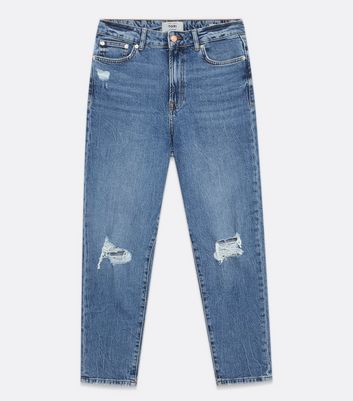Click to view product details and reviews for Blue Mid Wash Ripped Knee Crop High Waist Tori Mom Jeans New Look.
