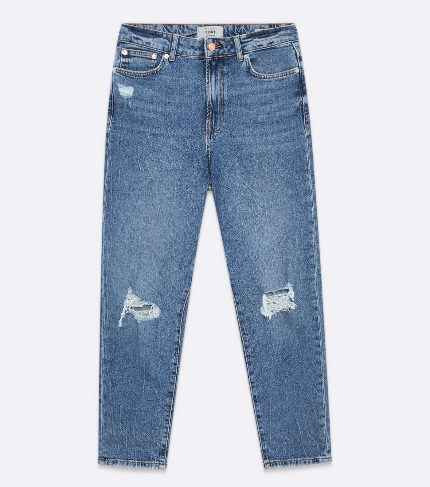 Blue Mid Wash Ripped Knee Crop High Waist Tori Mom Jeans Image 6