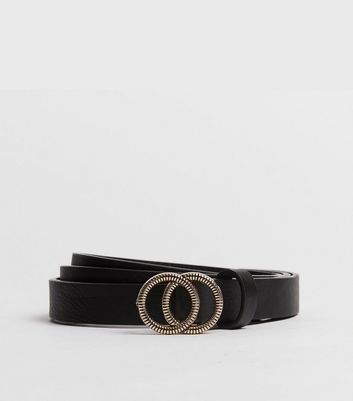 Black Leather Look Textured Double Circle Belt New Look