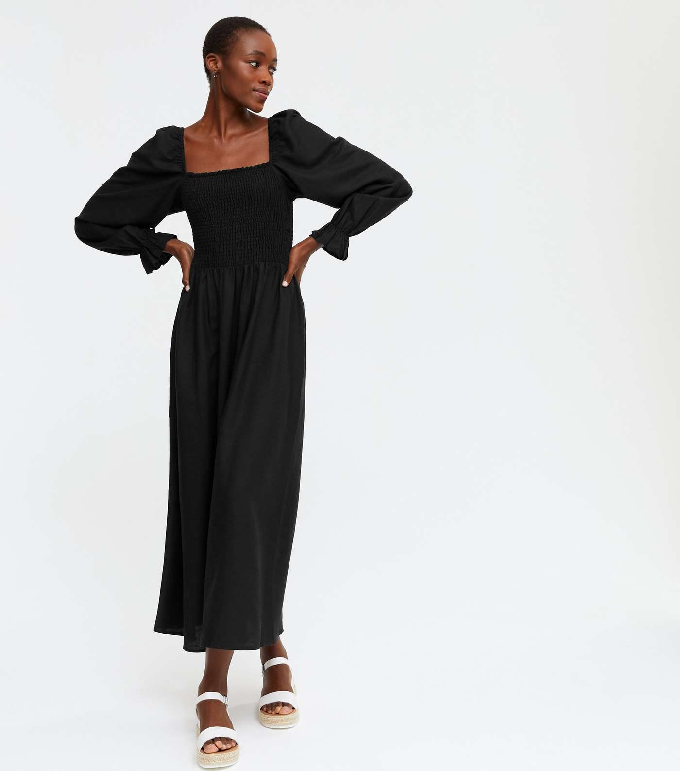 Tall Black Shirred Puff Sleeve Midi Dress