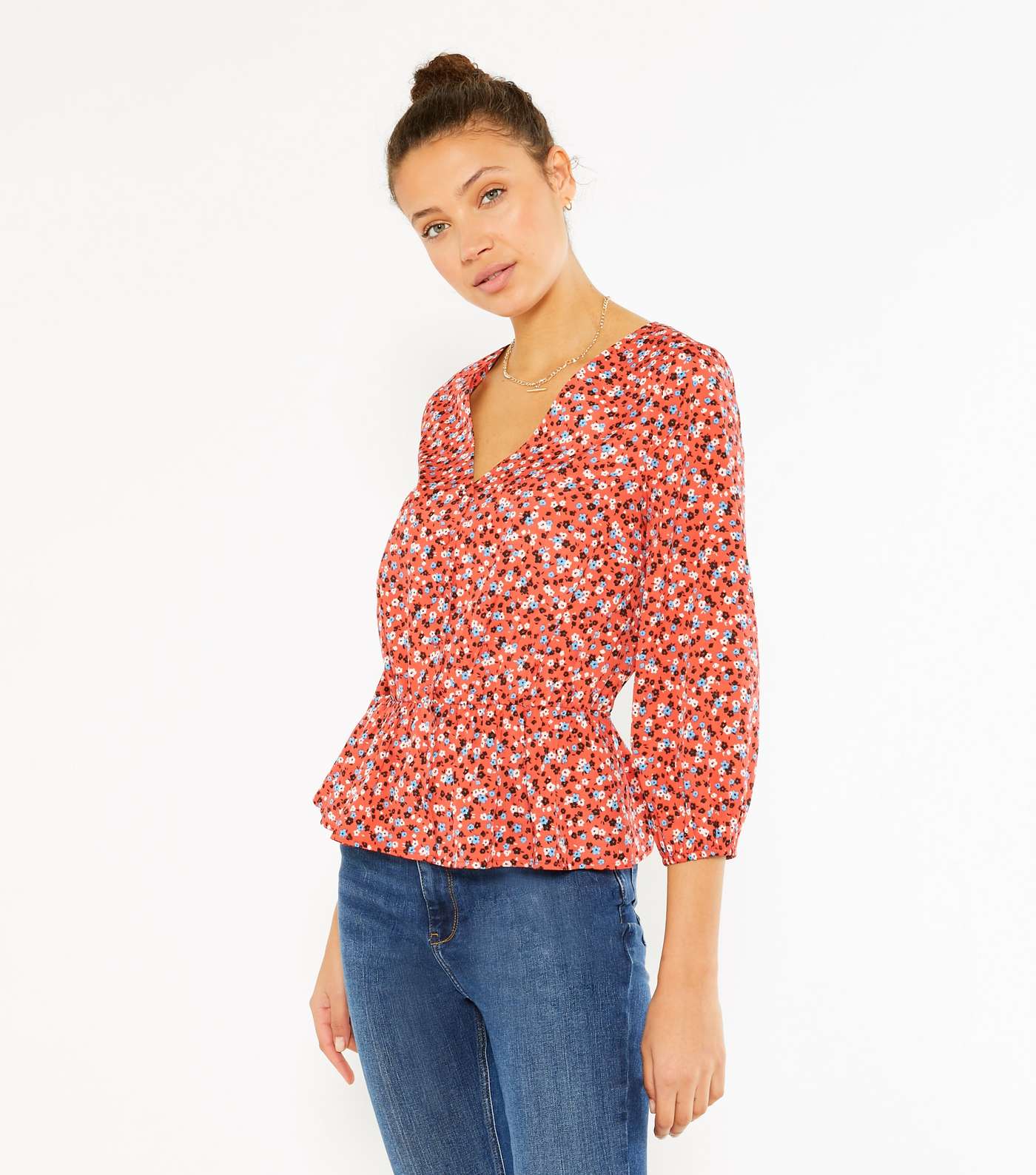 Tall Red Ditsy Floral Peplum Tea Blouse