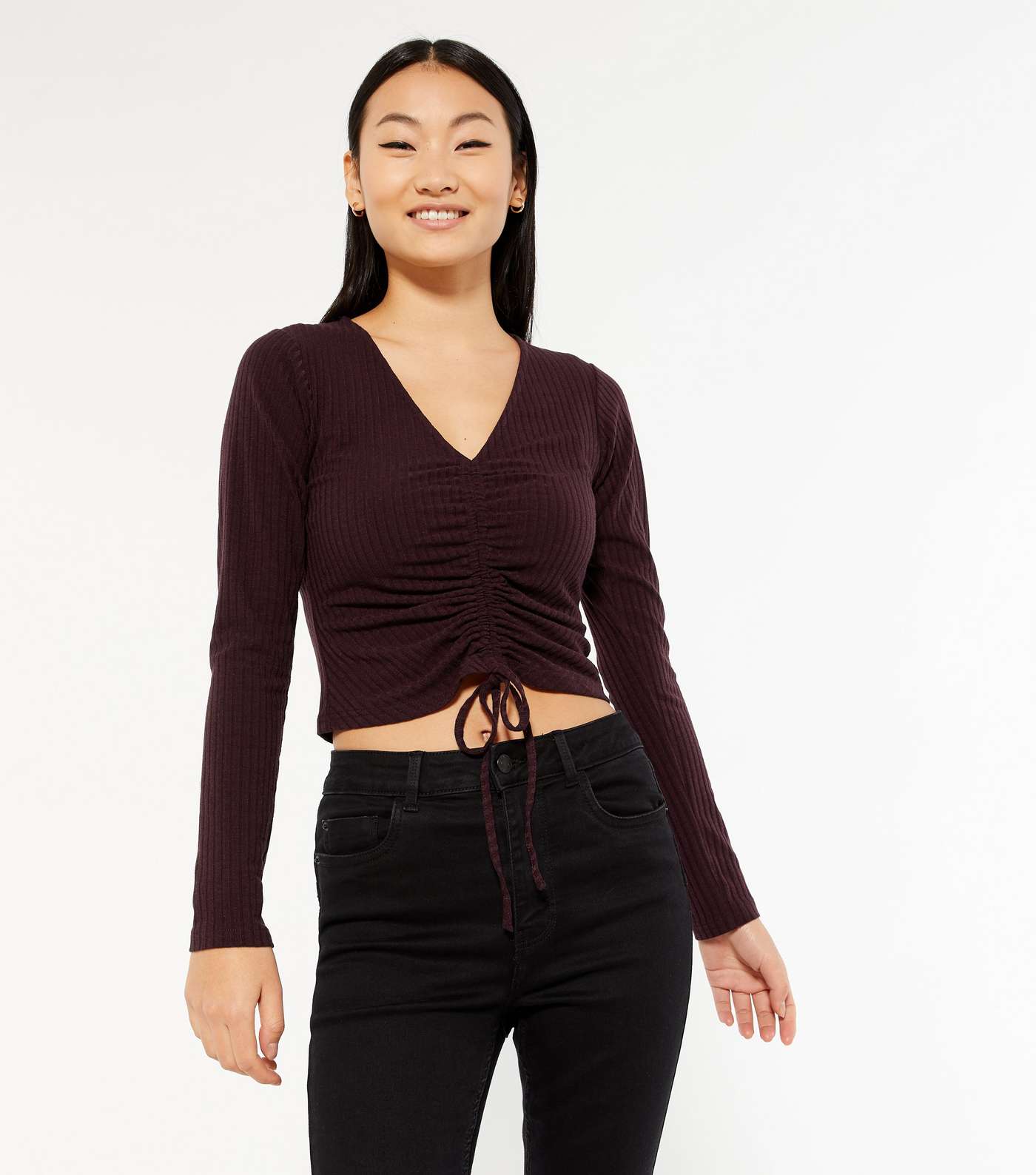 Petite Burgundy Ribbed Ruched Tie Front Top