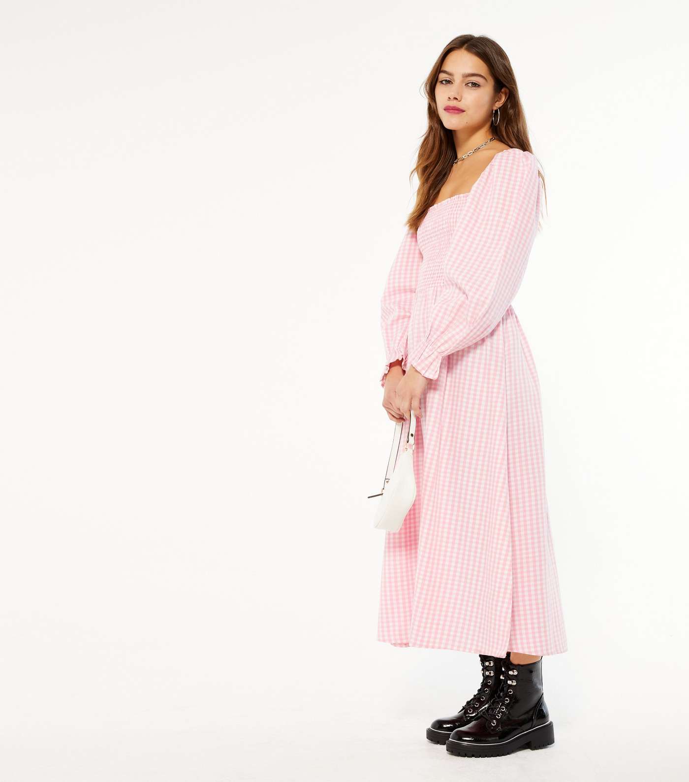 Petite Pink Gingham Shirred Puff Sleeve Midi Dress Image 2