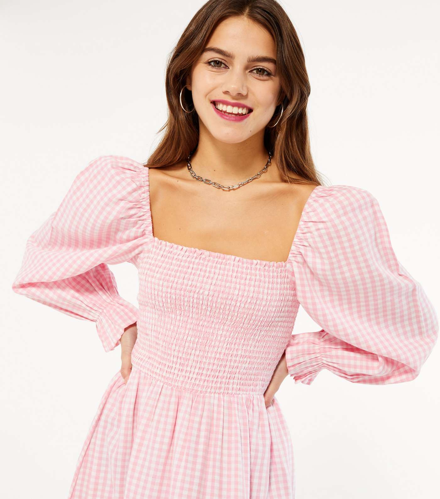Petite Pink Gingham Shirred Puff Sleeve Midi Dress Image 4