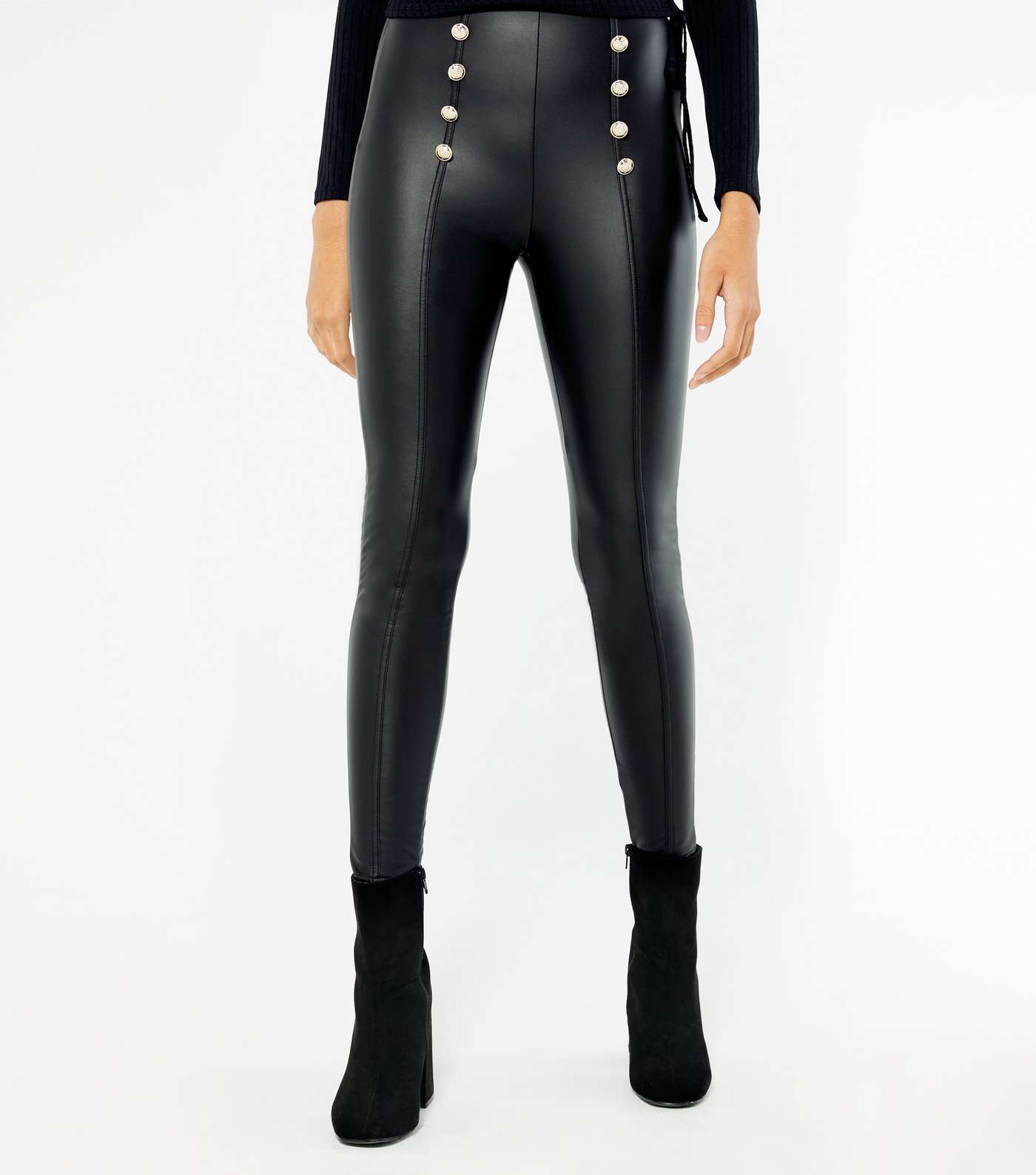 Black Leather-Look Military Button Leggings Image 2