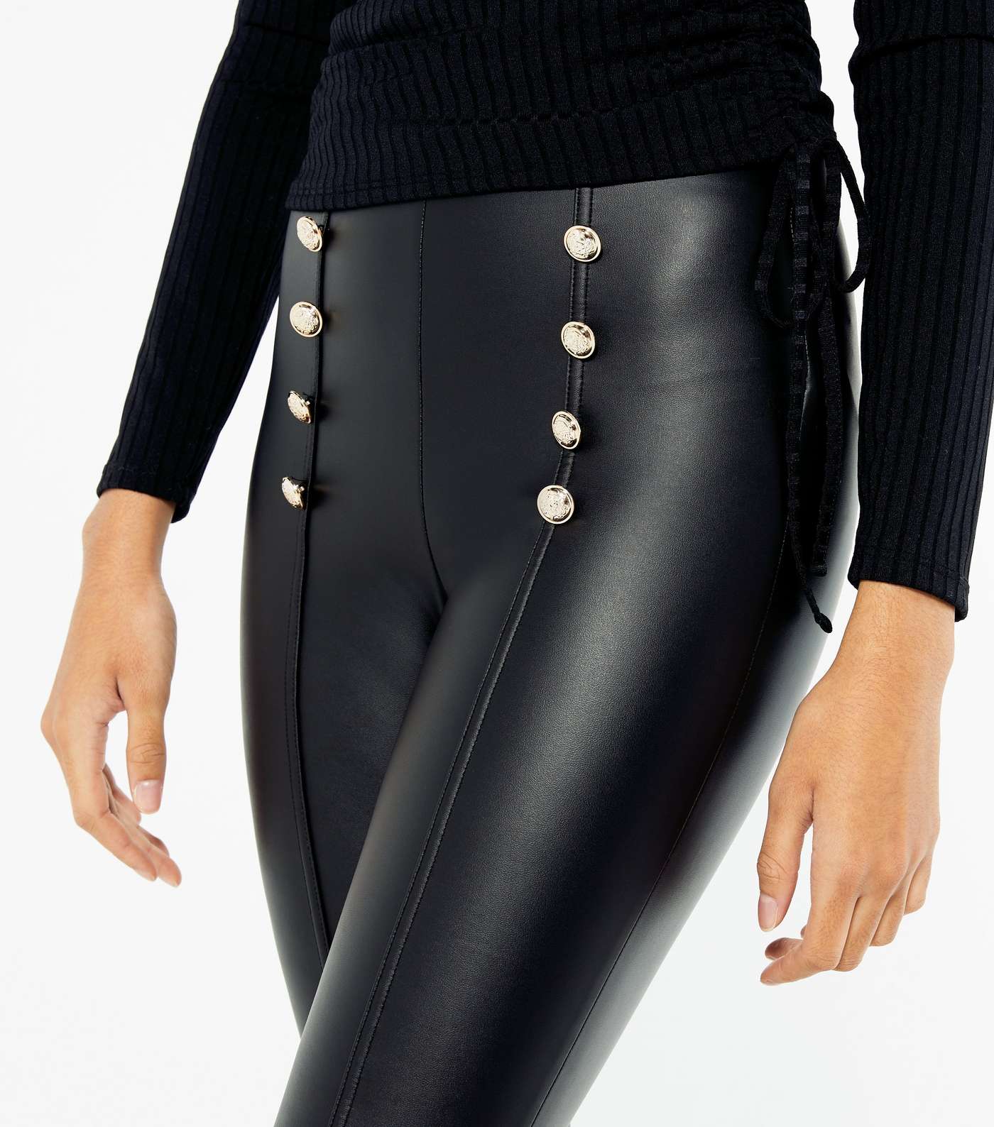 Black Leather-Look Military Button Leggings Image 4
