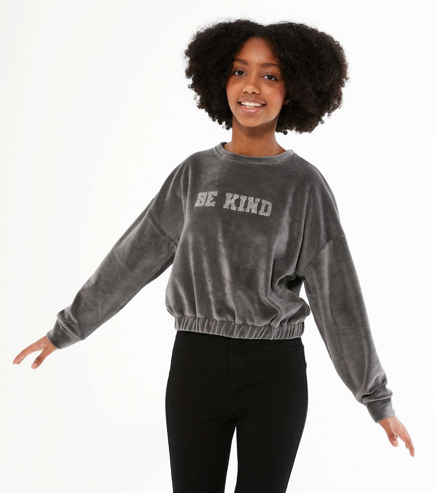 Girls Dark Grey Velvet Be Kind Diamanté Logo Sweatshirt