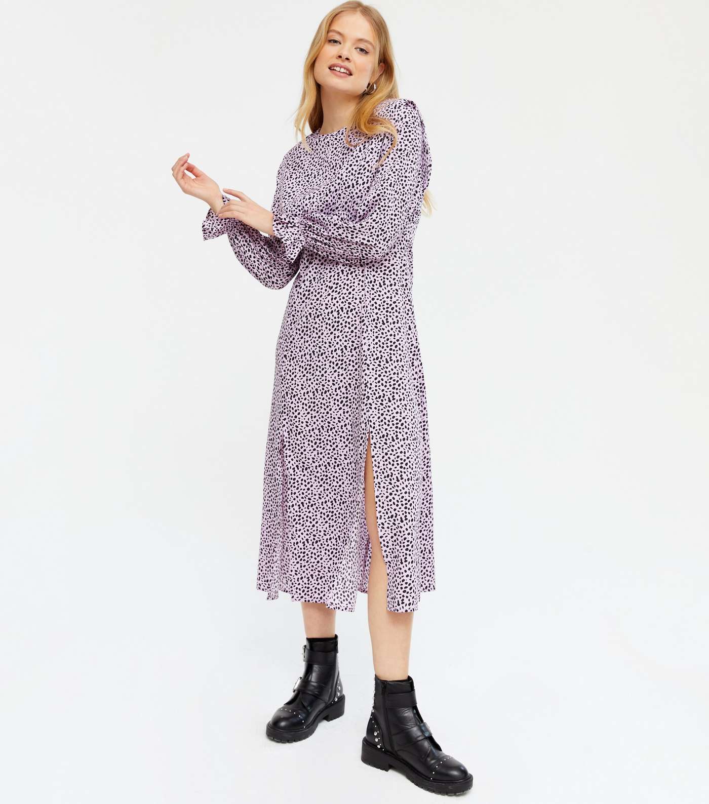 Lilac Spot Shoulder Pad Long Sleeve Midi Dress