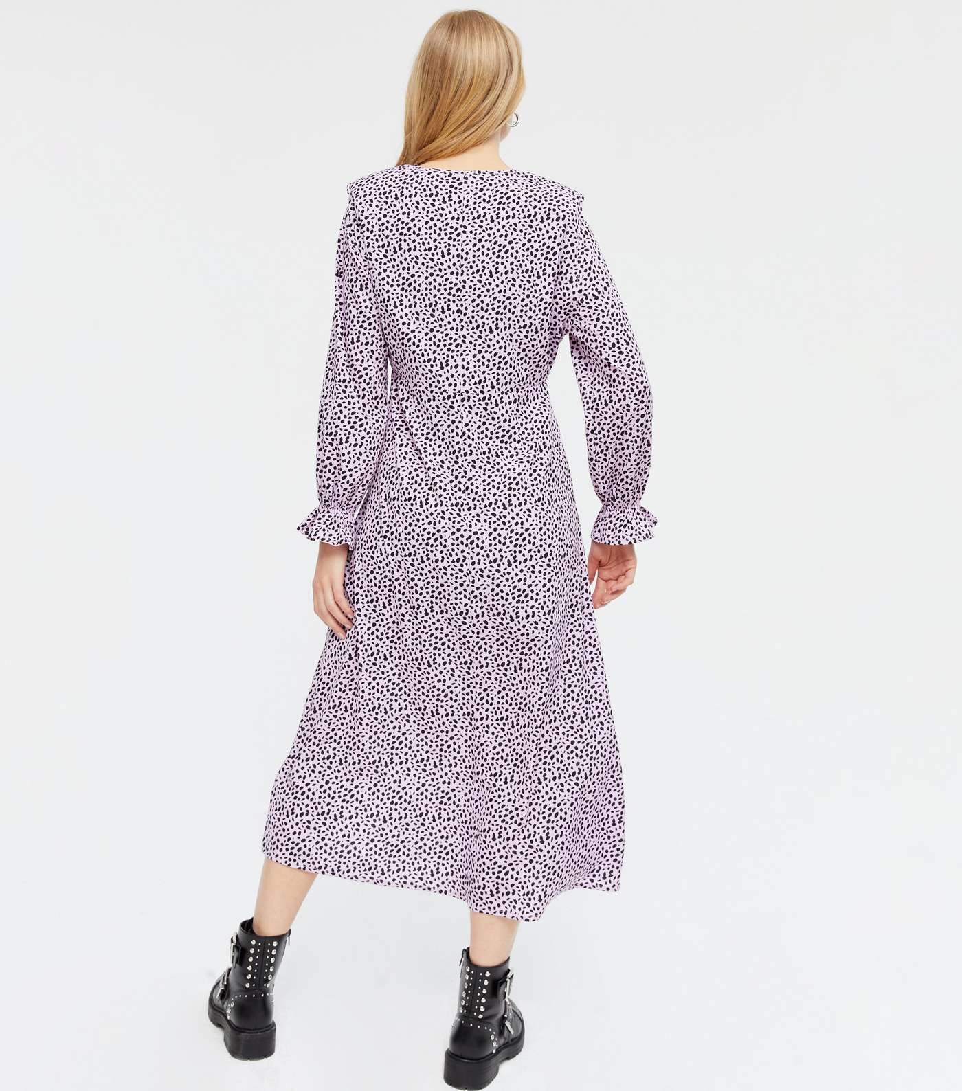 Lilac Spot Shoulder Pad Long Sleeve Midi Dress Image 3