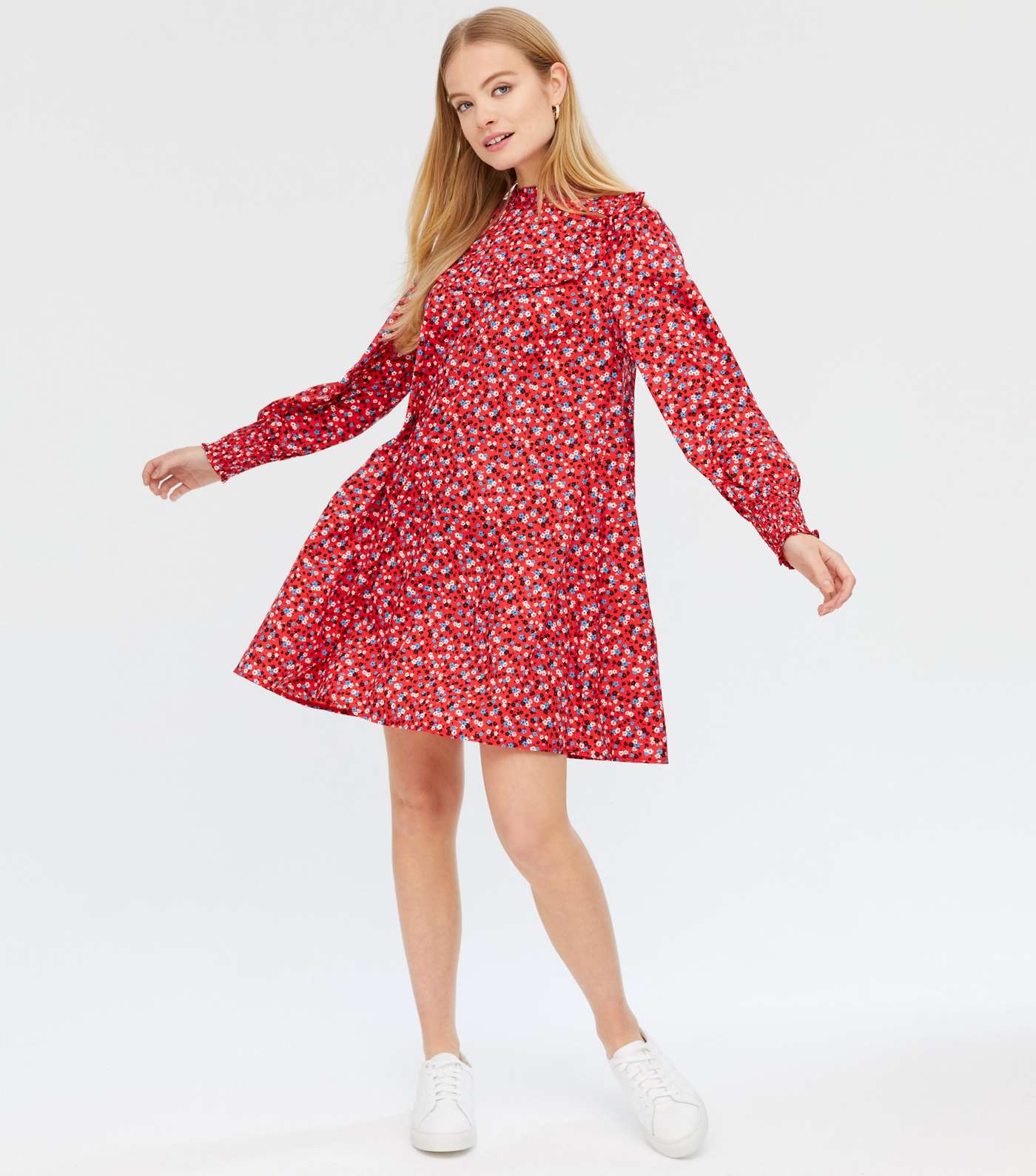 Red Ditsy Floral Frill High Neck Mini Dress  Image 2