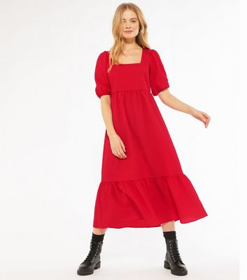 red smock midi dress