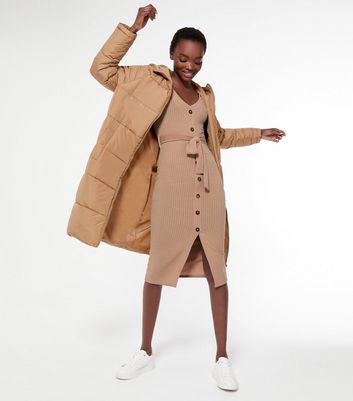 Camel Ribbed Belted Midi Dress | New Look