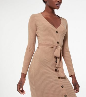 Camel Ribbed Belted Midi Dress | New Look