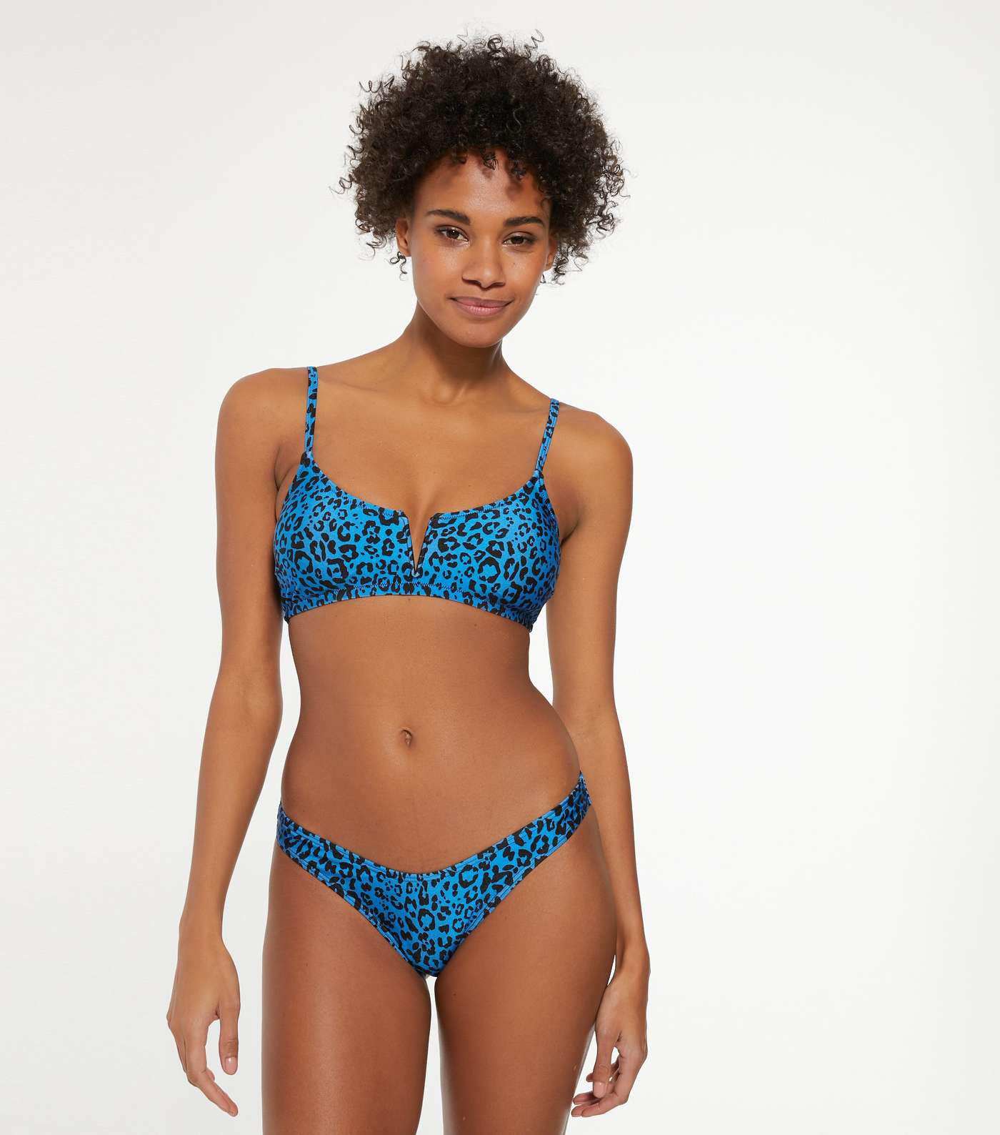 Blue Leopard Print Notch Front Bandeau Bikini Top