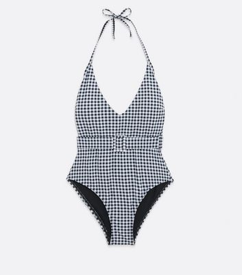 black and white belted swimsuit