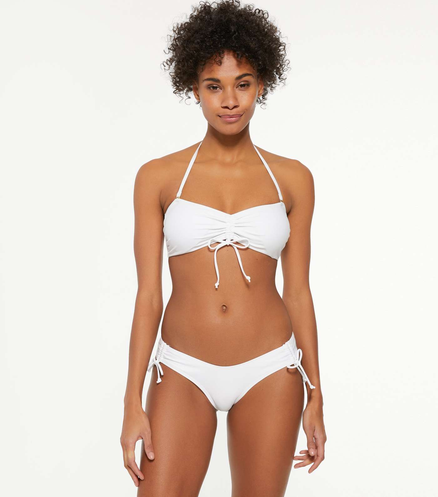 White Ruched Tie Front Bandeau Bikini Top