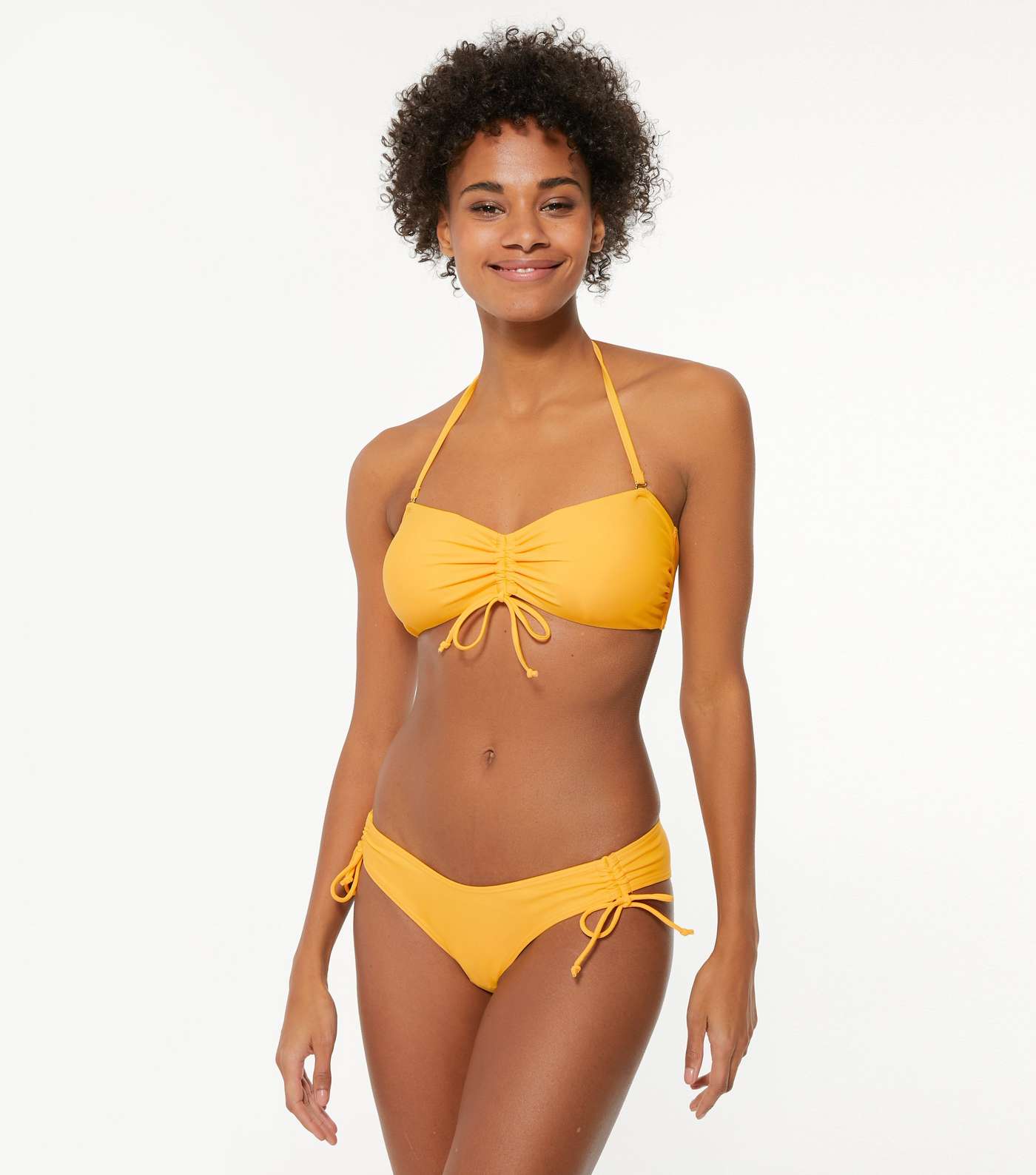Yellow Ruched Tie Front Bandeau Bikini Top