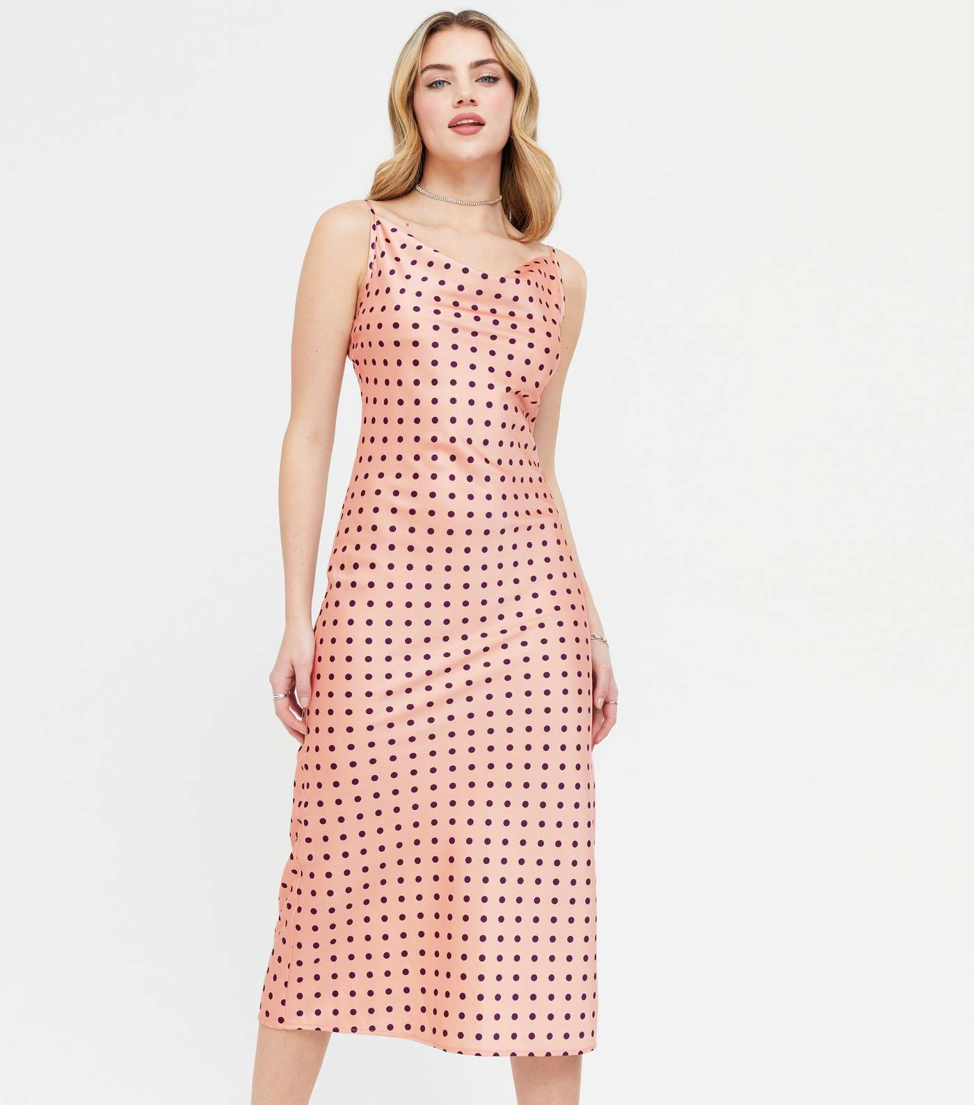 Pink Satin Spot Cowl Neck Midi Dress